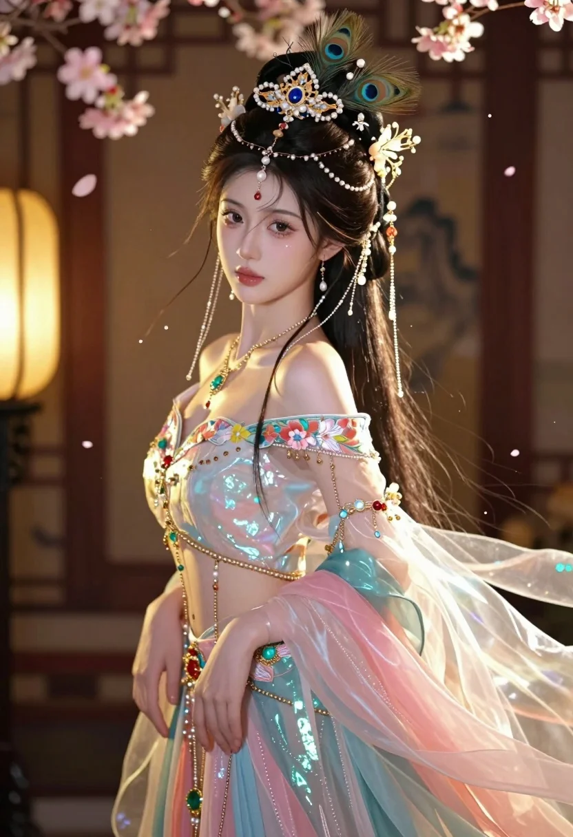 A stunning young woman with fantasy-inspired hair ornaments and shimmering dress, glowing with warm golden light.