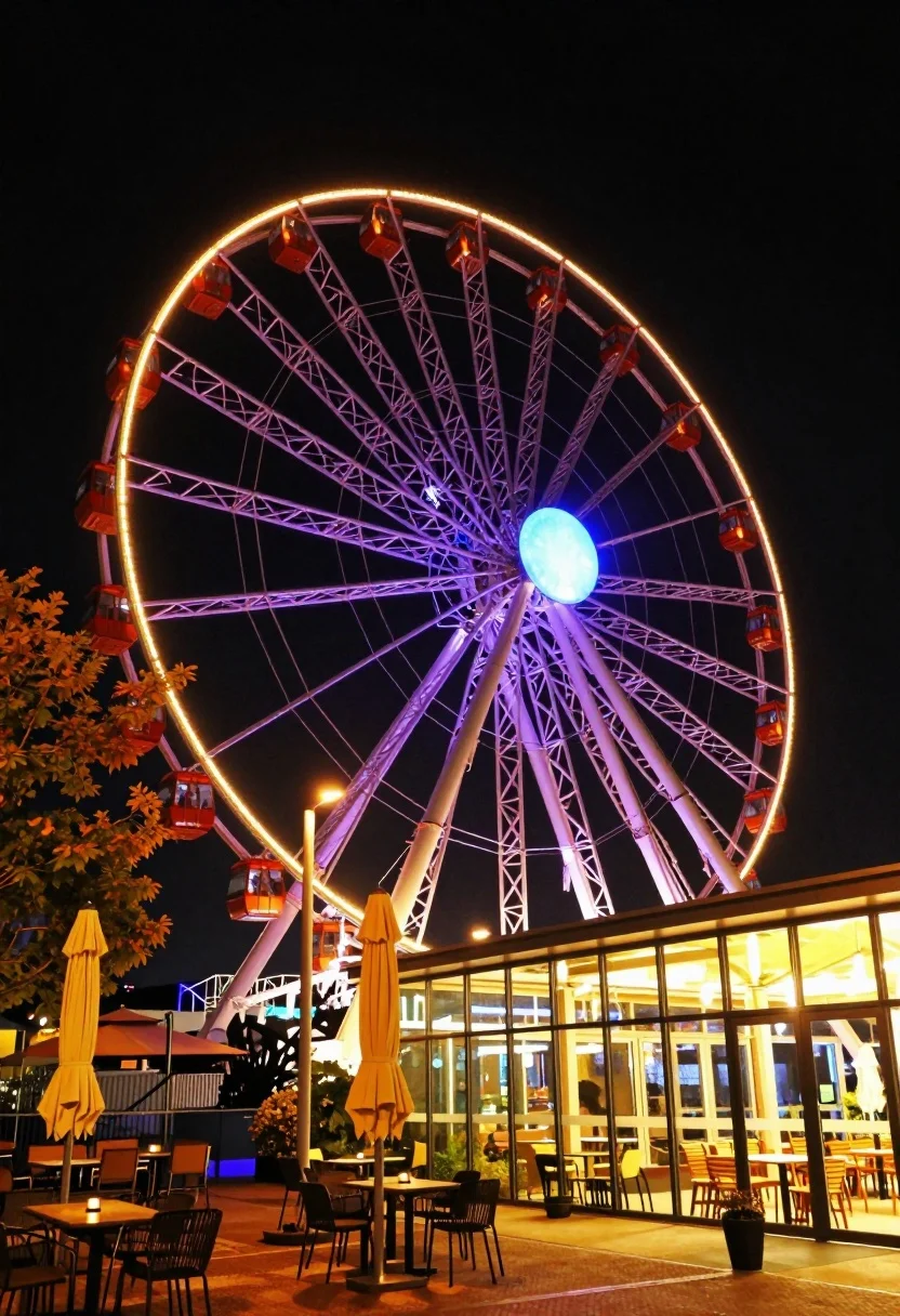 A massive Ferris wheel at night, glowing with vibrant purple and orange lights against a dark sky, viewed from a low angle.