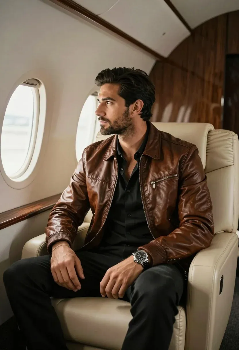 Handsome Man With Dark Hair And Beard Sits The Plush