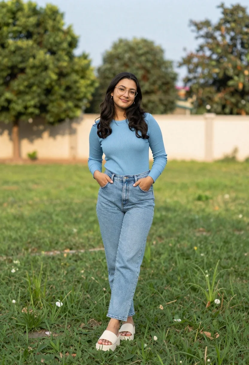 Woman Stands Lush Green Lawn With Trees And Beige Wall reference photo
