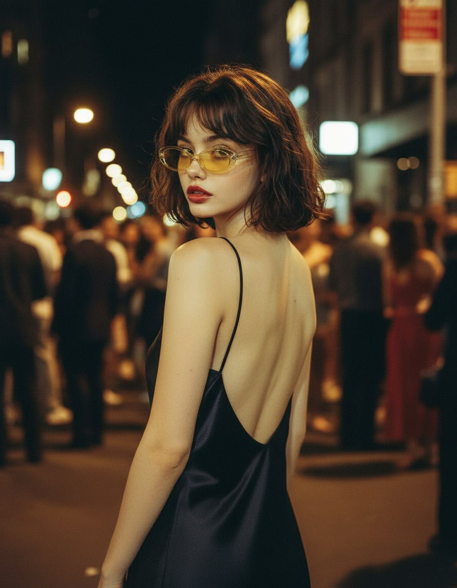 Fashion portrait of a woman in a satin slip dress, looking over her shoulder with a blurred party background, showcasing a 90s aesthetic.