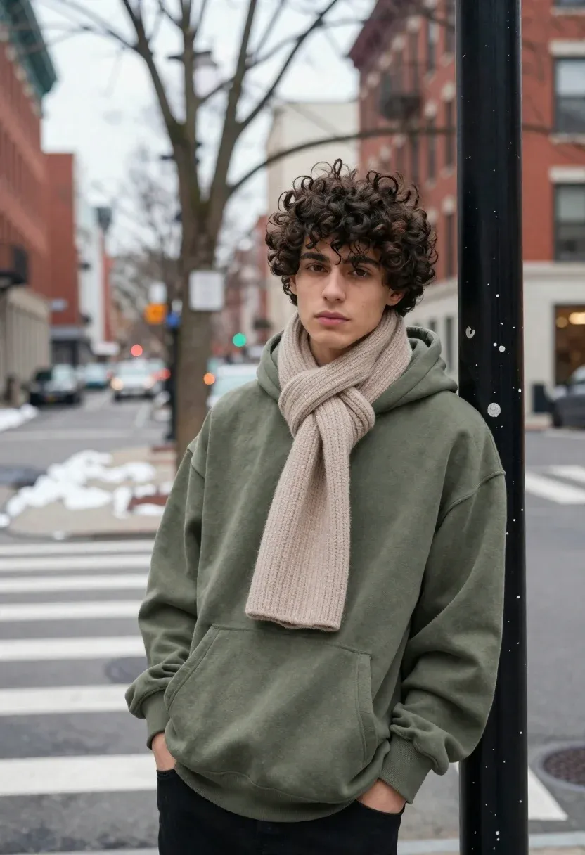 Young Man With Curly Dark Hair Leans Against Black Metal