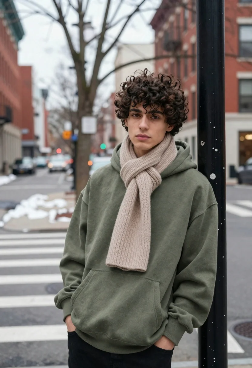 Young Man With Curly Dark Hair Leans Against Black Metal