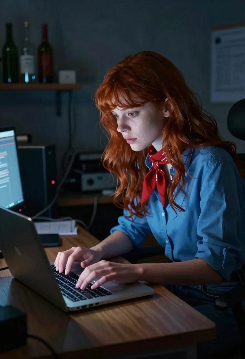 Cinematic Shot Woman Typing Laptop Dark Room Subject Young Woman reference photo