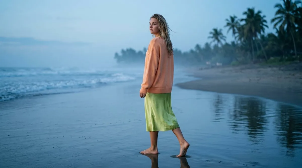 Barefoot On Wet Sandy Beach At Dusk