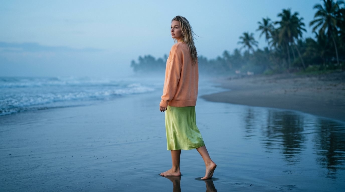 Barefoot On Wet Sandy Beach At Dusk