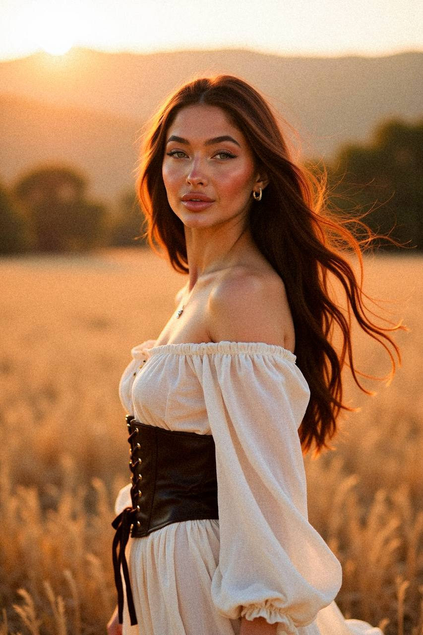 A woman in a flowing cream dress stands in a golden field at sunset, with long hair illuminated by warm sunlight.