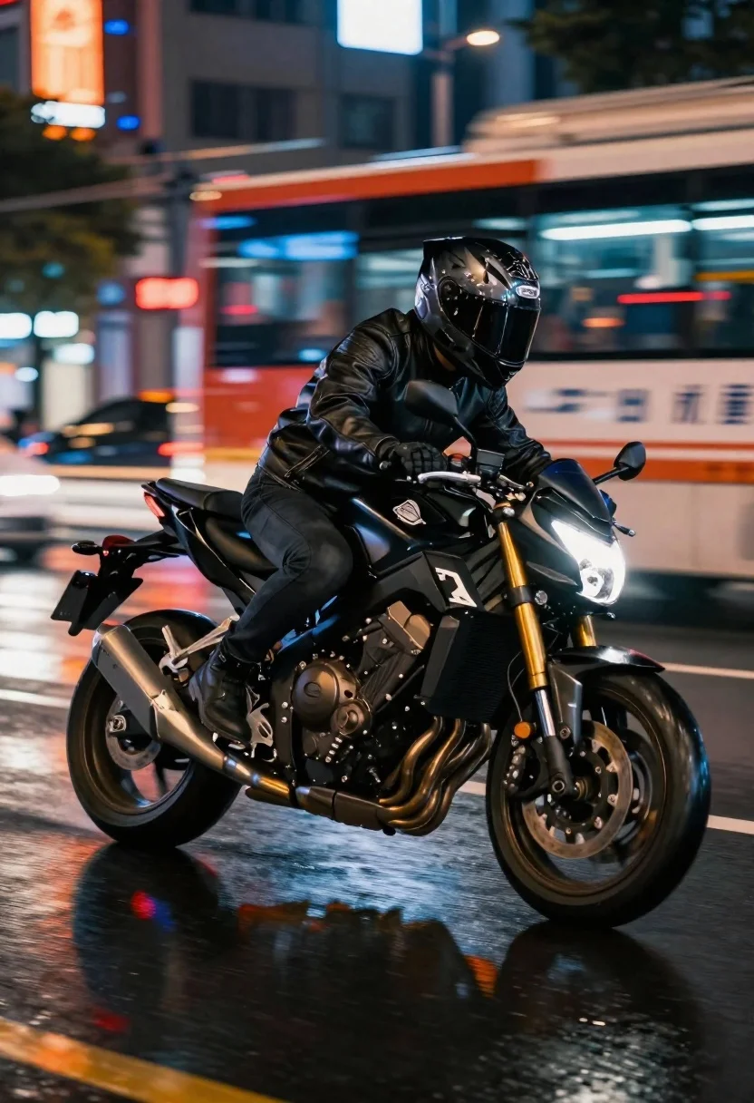 Dynamic Low-angle Shot Motorcyclist Riding Fast Night Wet City Street reference photo