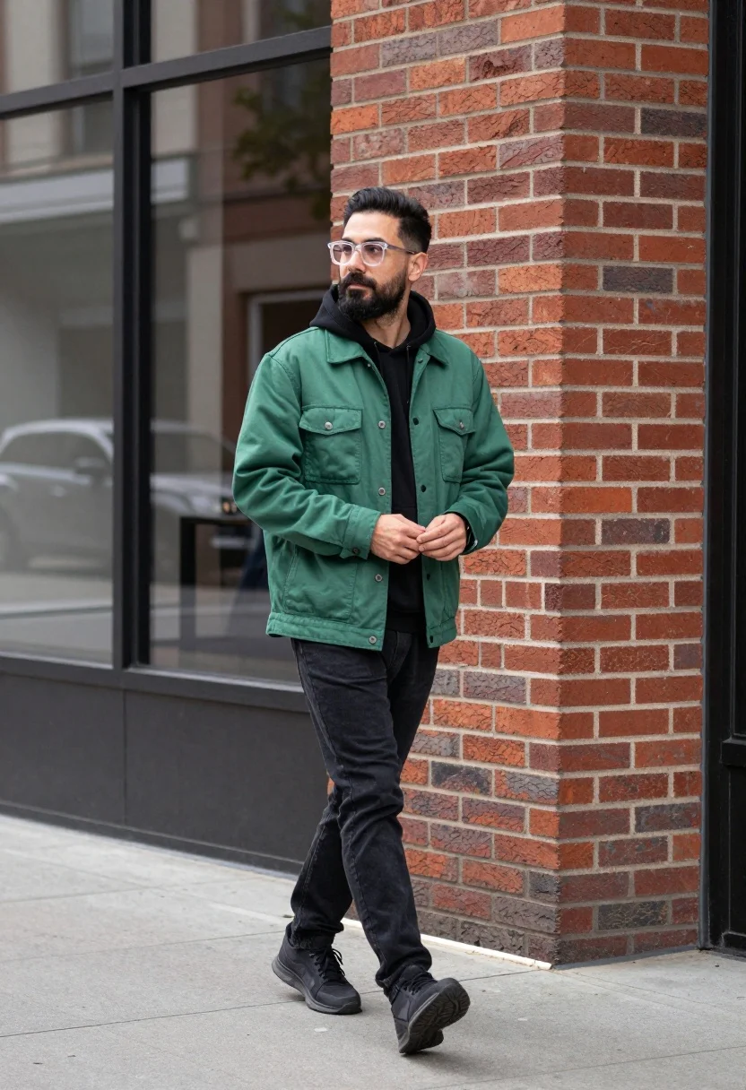 Man Stands Casually Urban Setting Next Red Brick Pillar Subject