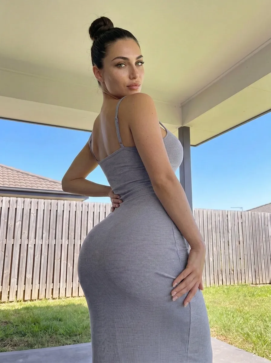 Grey Ribbed Dress Pose Under Covered Patio