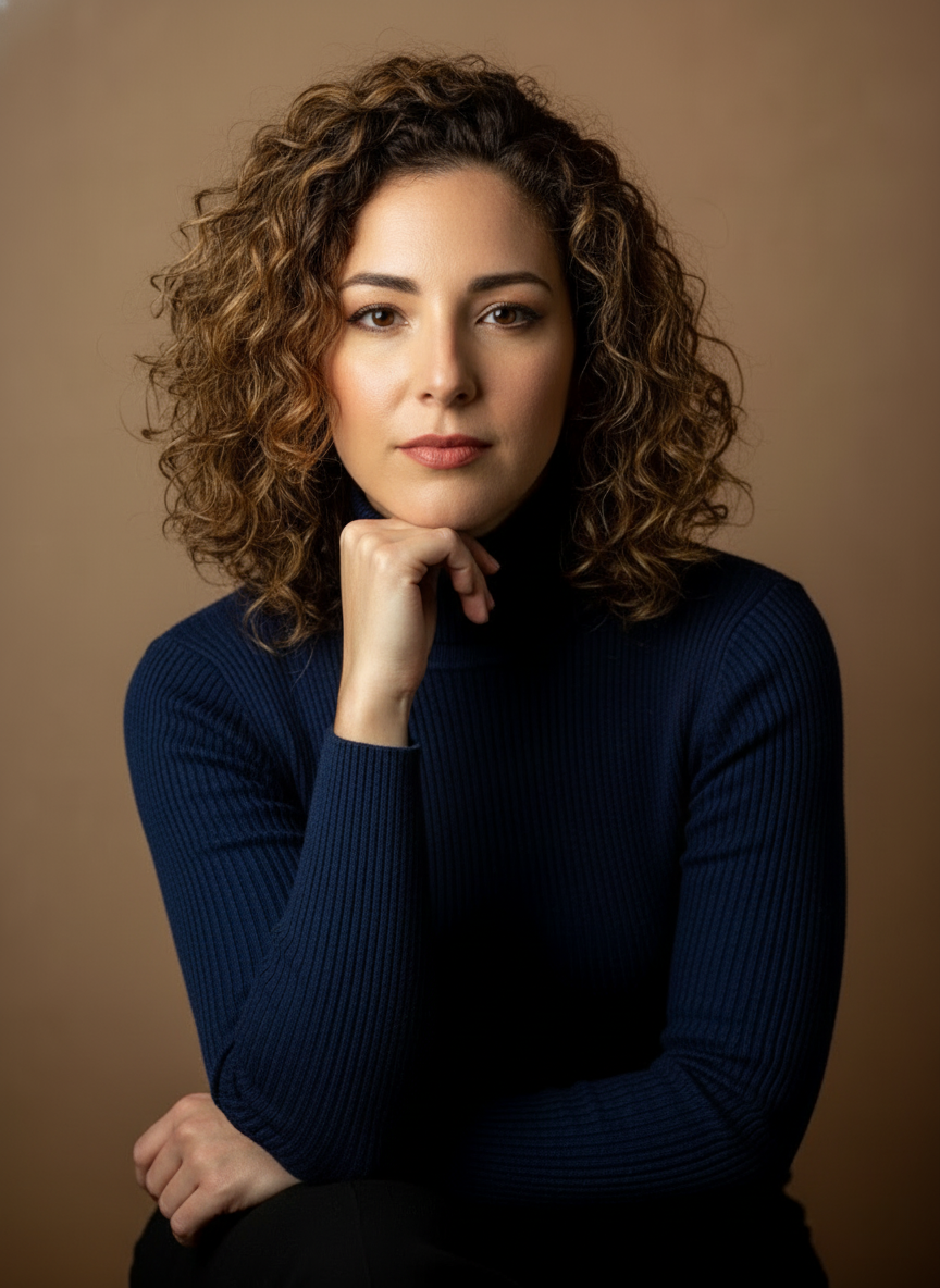 A young woman with a confident gaze, chin resting on hand, wearing a fitted ribbed sweater, set against a modern background with soft shadows.