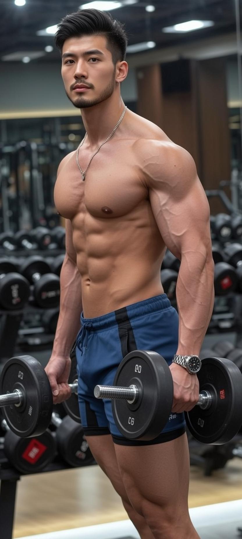 Muscular Asian Black Styled Volume Top Short