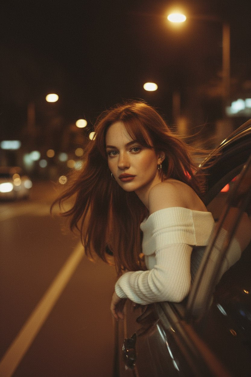 A dreamy portrait of a person leaning out of a car window at night, with soft street light illuminating their face.