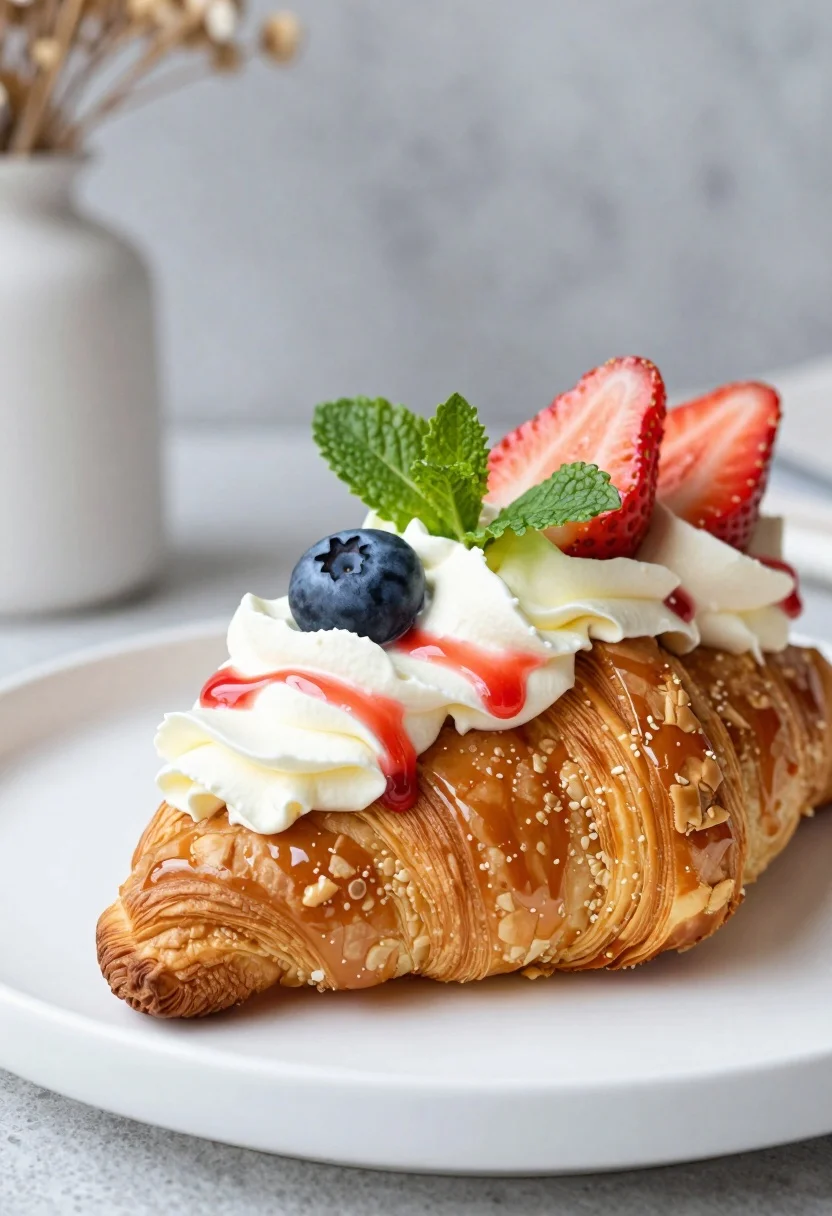 Close-up shot of a golden-brown pastry with whipped cream and fruit toppings.