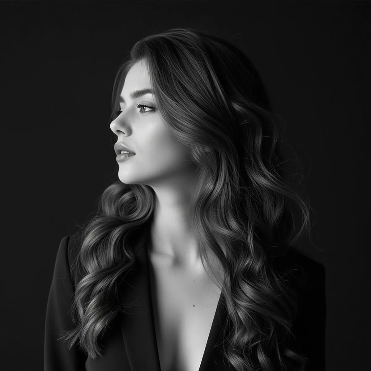 Photorealistic Black And White Portrait Young Woman Profile Facing Left