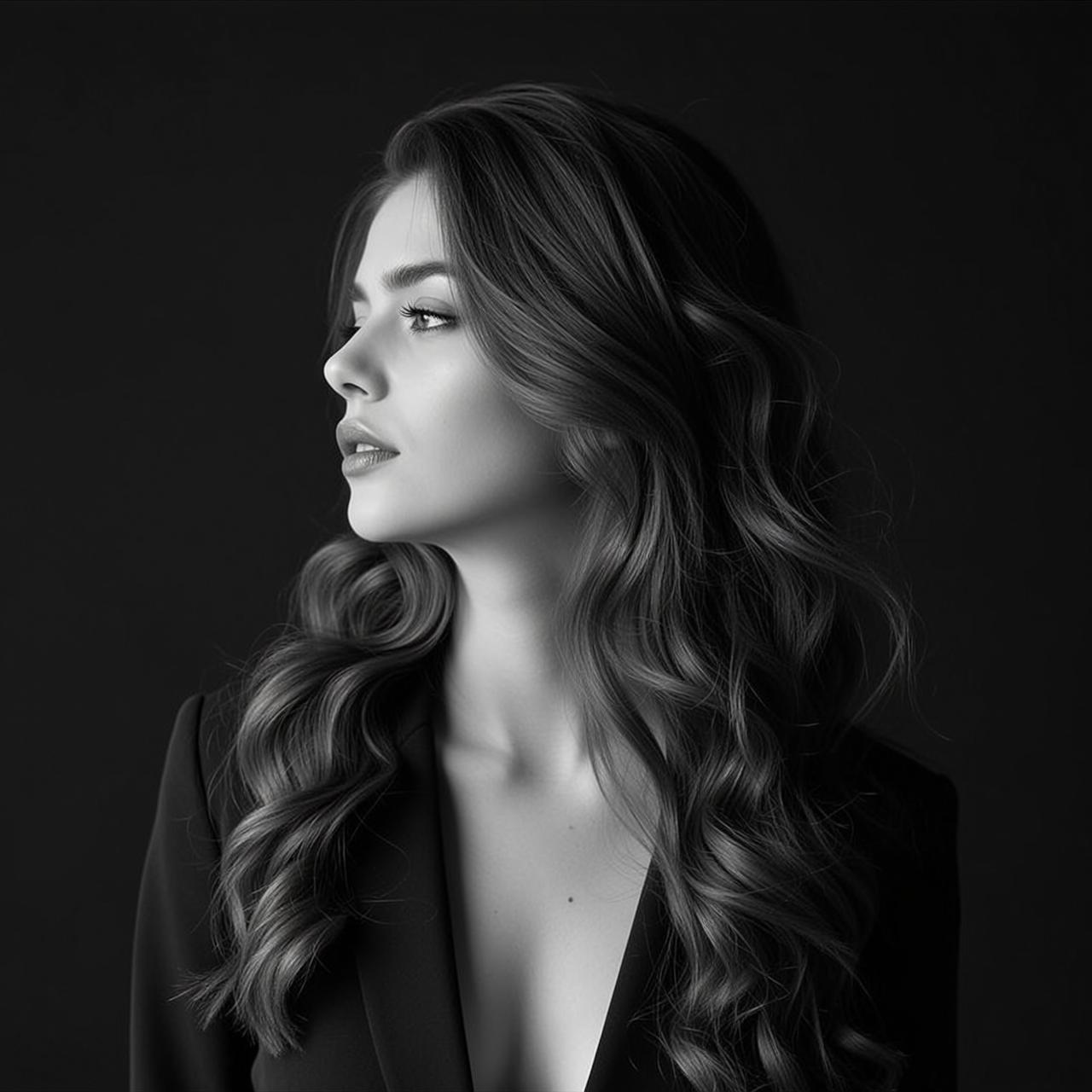 Photorealistic Black And White Portrait Young Woman Profile Facing Left