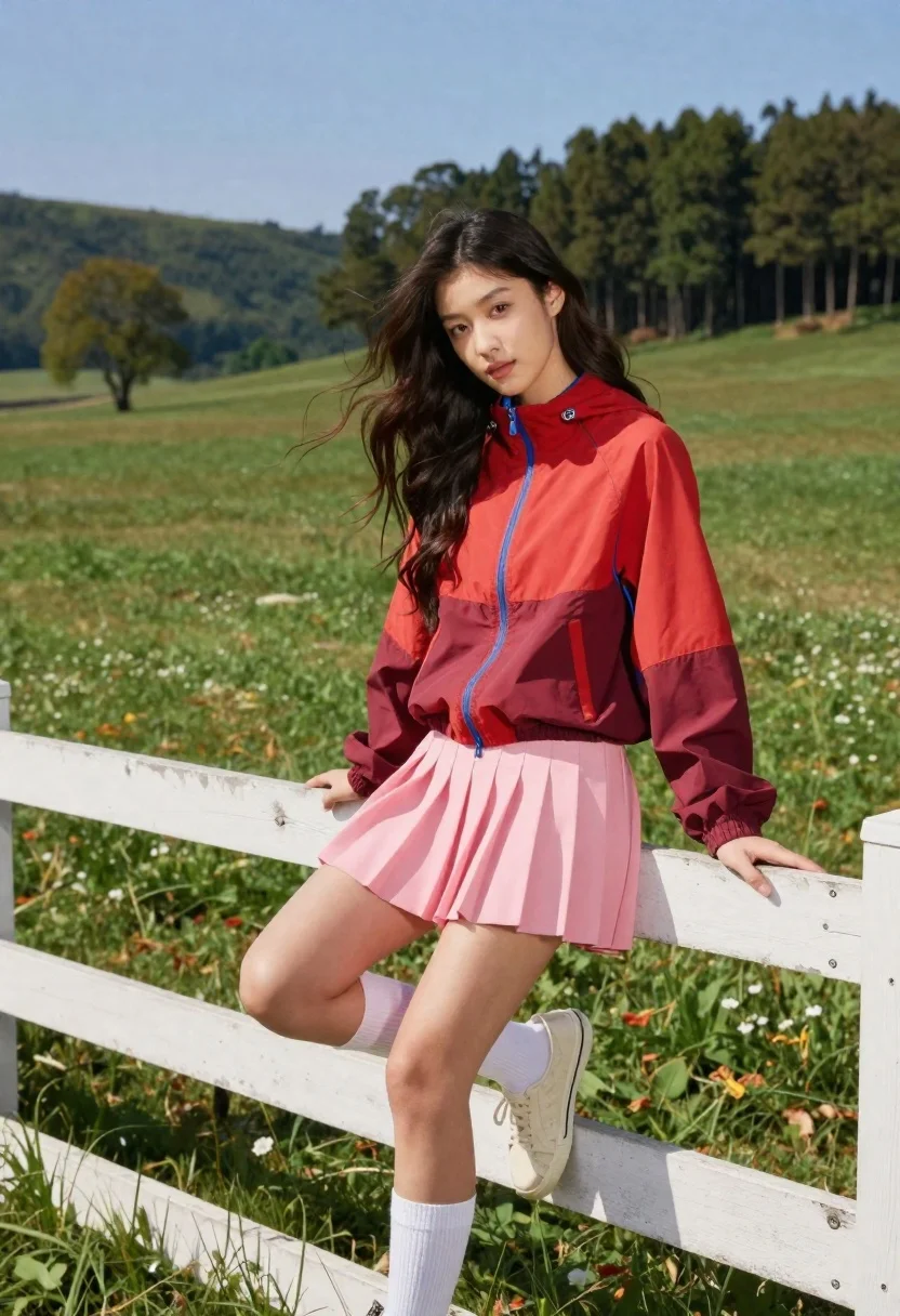 Young Woman With Long Dark Hair Leans Casually Against Weathered reference photo