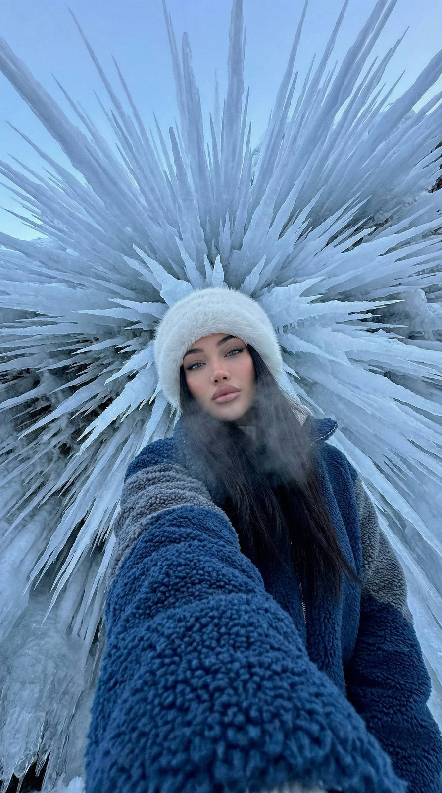 A dramatic wide-angle selfie with the subject against an explosion of icy stalactites, creating a surreal halo effect.