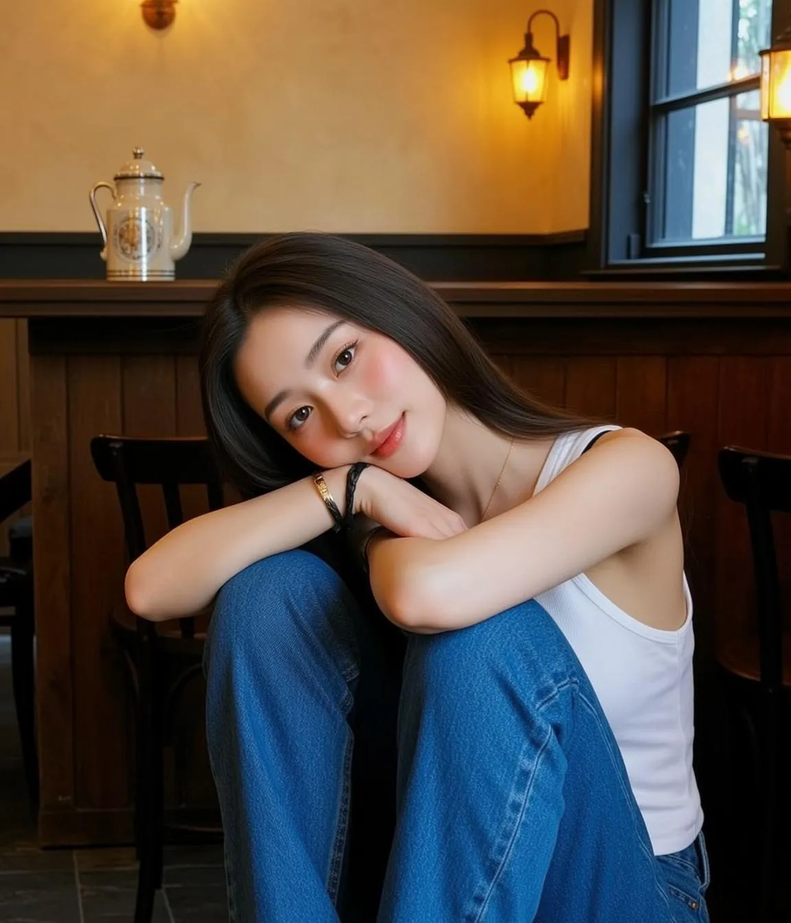 Makeup Necklace And Bracelets In Cafe Portrait