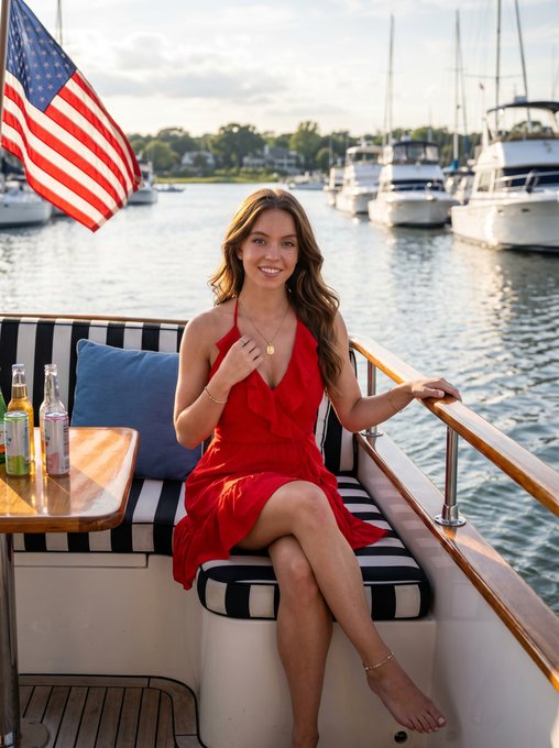A woman in a red dress sits on a yacht cockpit bench, smiling with golden hour light illuminating her features and the calm harbor behind.