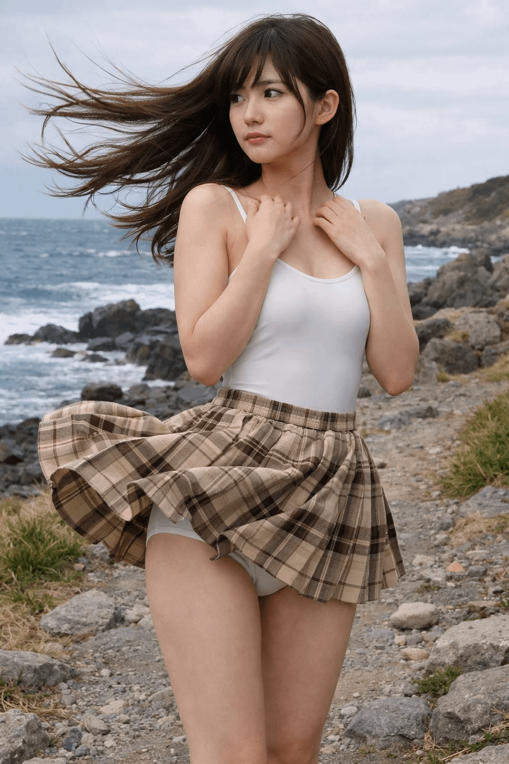 A woman standing on a rocky coastline, her plaid skirt lifted by the ocean breeze, with flowing hair and natural soft lighting.