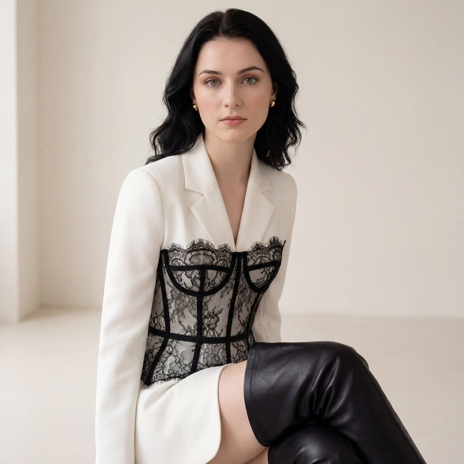 A glamorous woman with long wavy hair in a modern blazer with lace details, styled in a bright minimalist room with soft lighting.