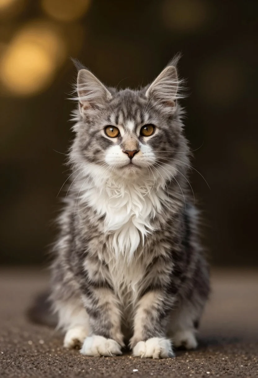 Fluffy grey tabby kitten with white paws sitting upright on a textured brown surface, illuminated with soft warm lighting.