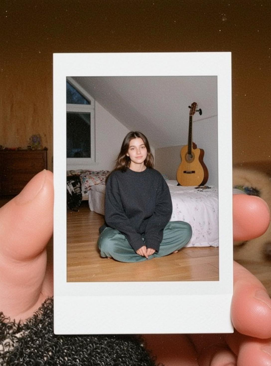 Cream Fleece Guitar Bedroom Pose