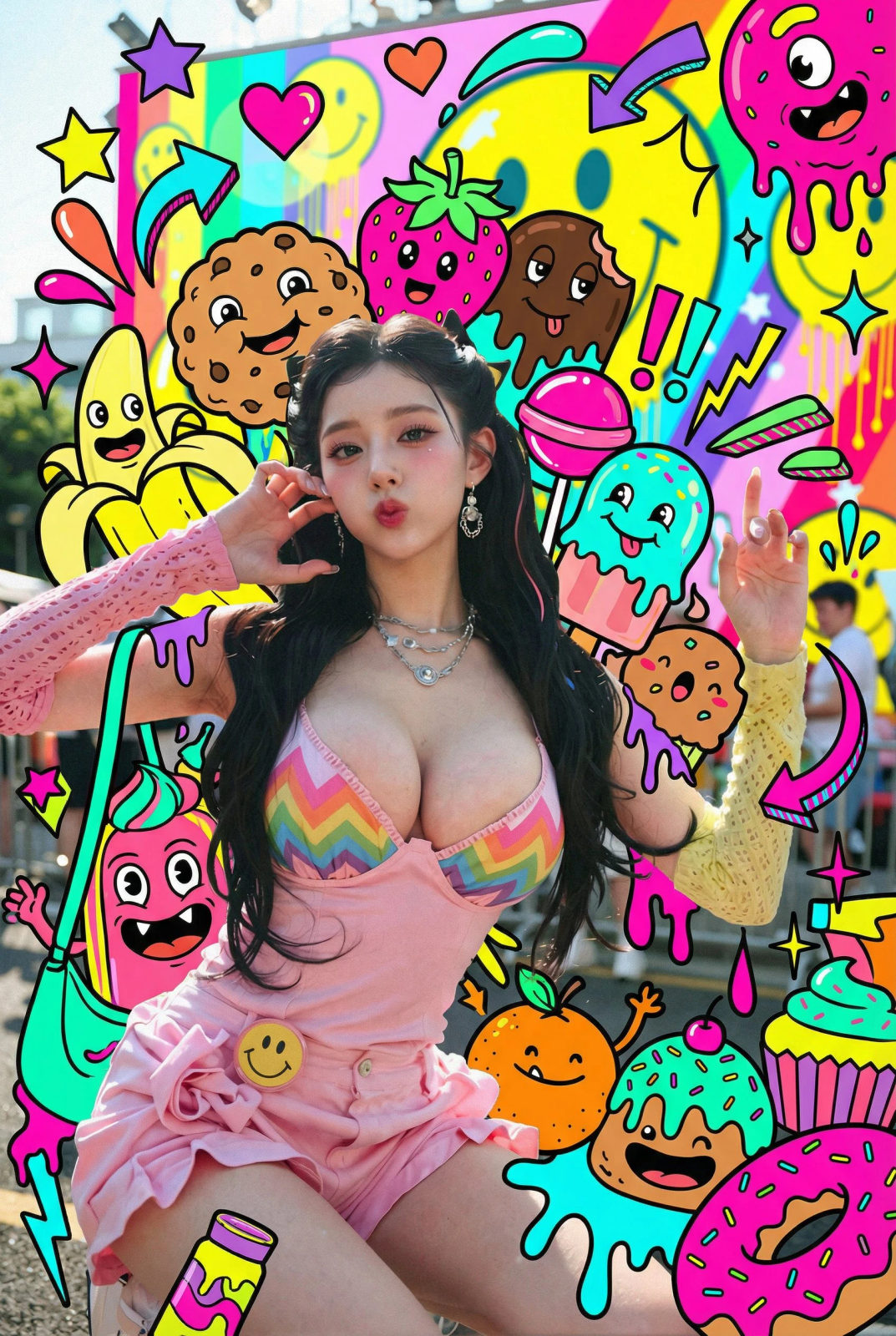 A photorealistic person surrounded by colorful cartoon sweets monsters and graphic decorations in a vibrant pop-art style.