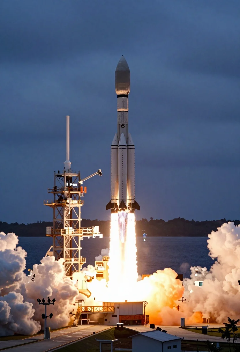 Massive Rocket Lifting Off From Coastal Launchpad With Intense Flames