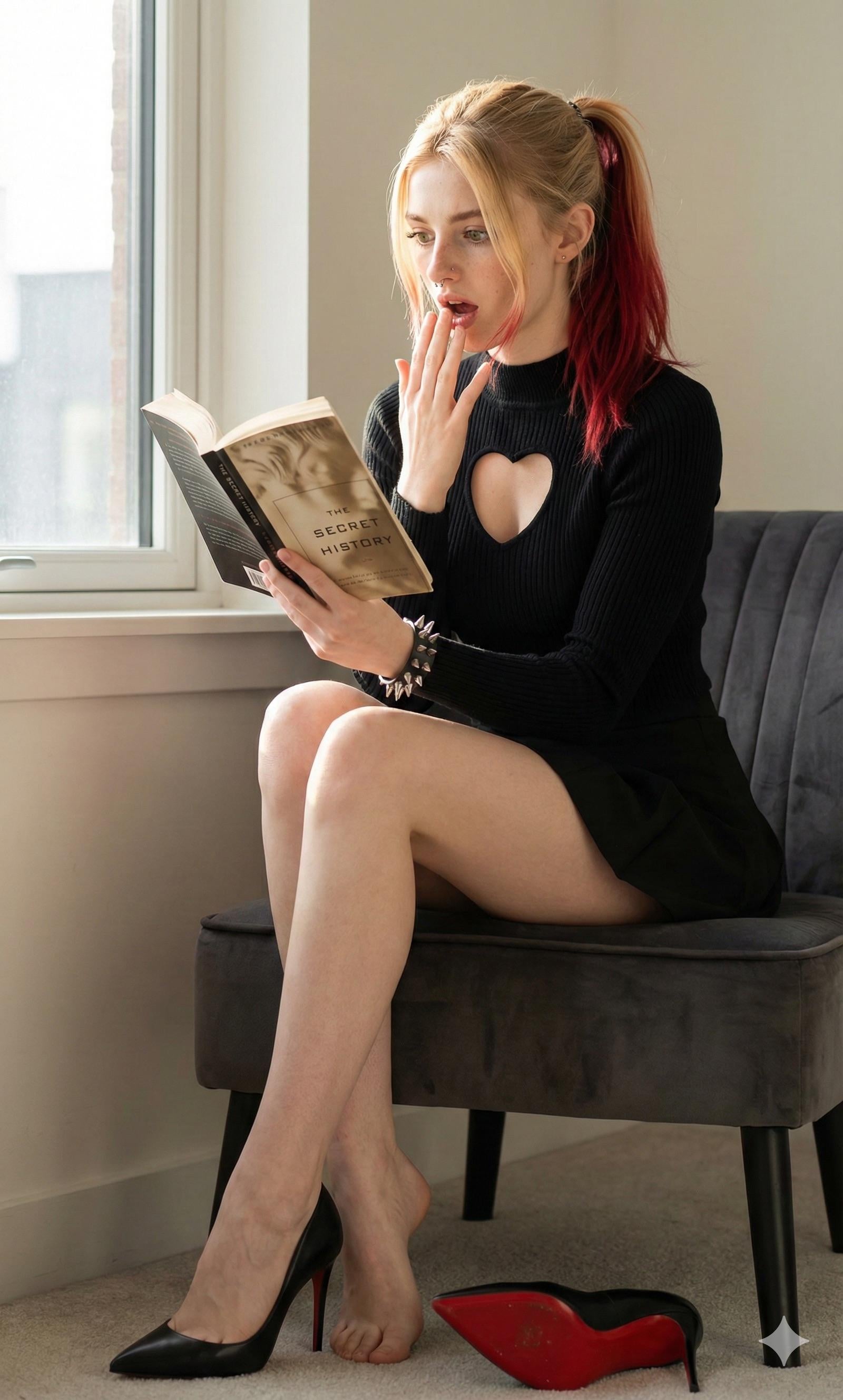 A woman in a black mini dress reading a hardcover novel in a bright apartment beside a velvet chair.