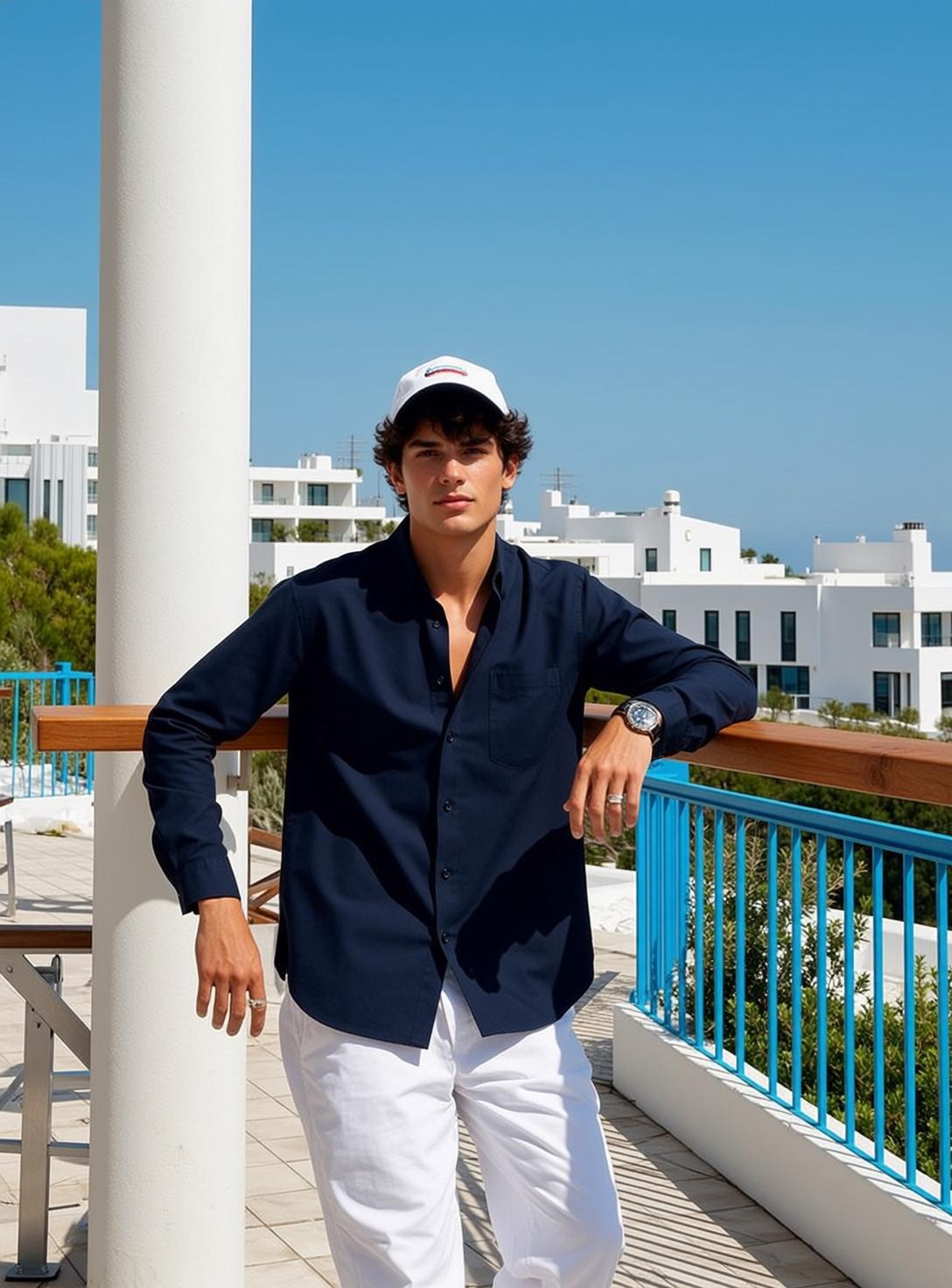 Young Dark Curly Light Blue Long-sleeve Button-up