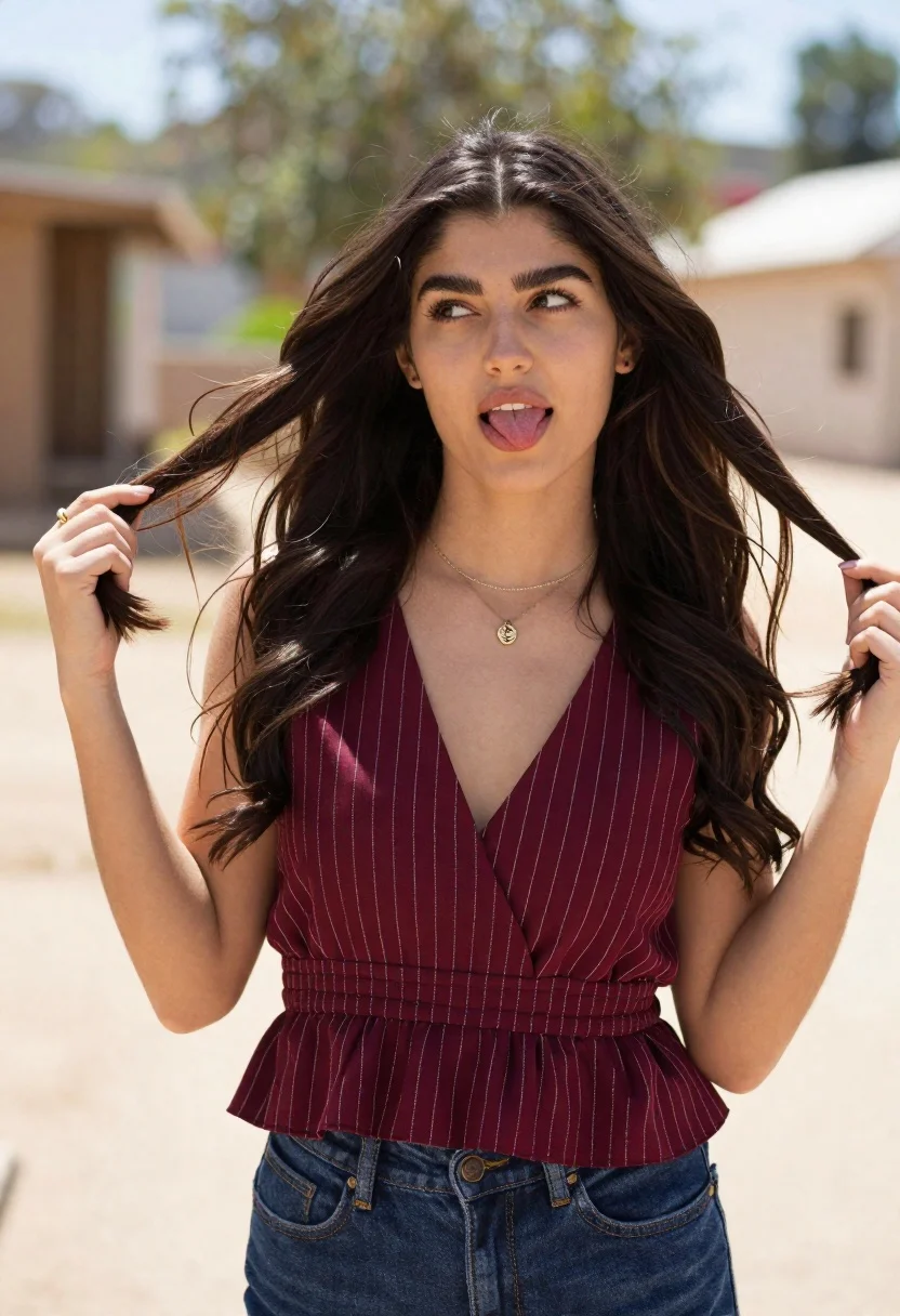 Young Woman With Long Dark Hair Playfully Sticking Her Tongue reference photo