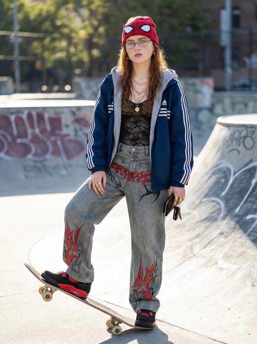 A full-body portrait of a young woman in streetwear, confidently standing on a skateboard in a sunny skate park.