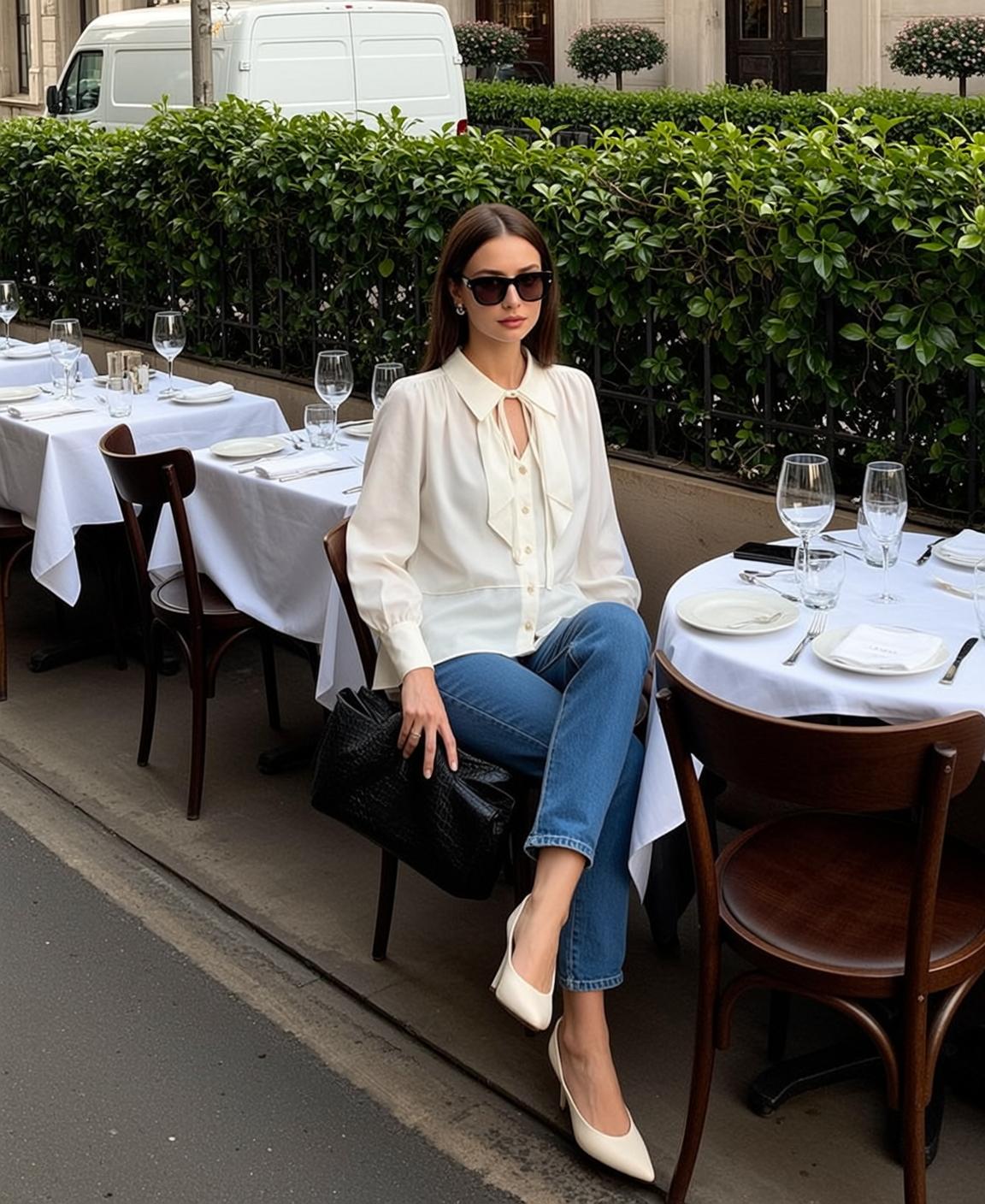 Outdoor Cafe Woman White Blouse Blue Jeans Sunglasses