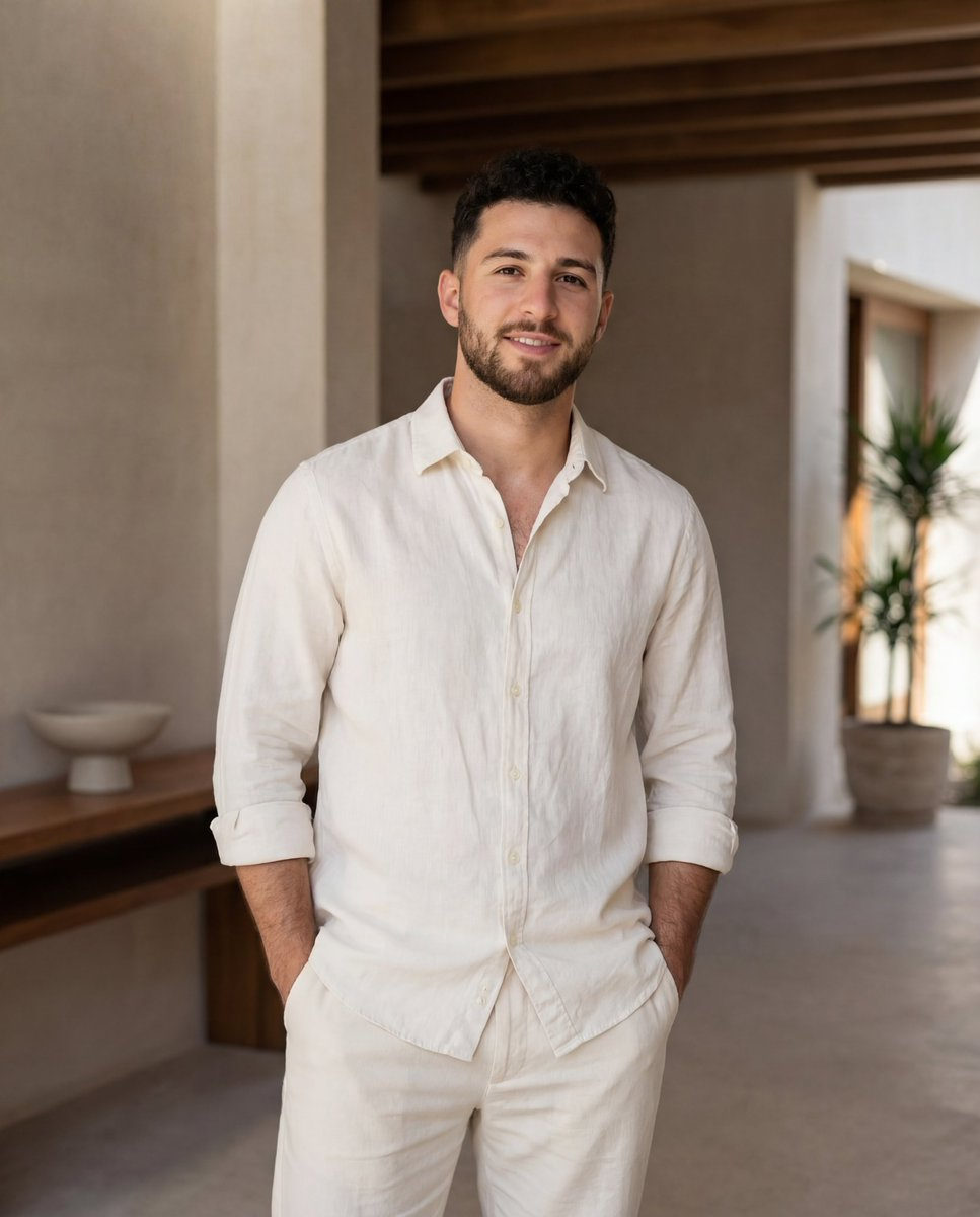 A refined male portrait in a minimalist setting, exuding calm confidence with a light beige and ivory color palette.