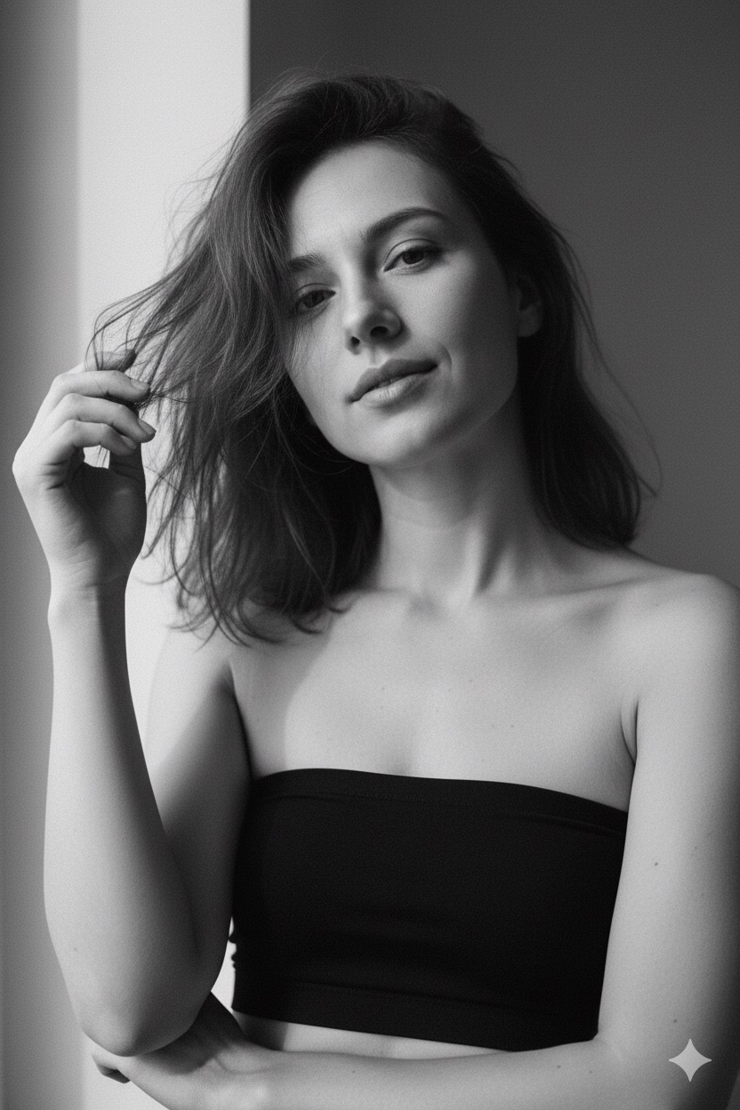 A hyperrealistic black and white cinematic portrait of a woman, featuring soft sunlight highlights, confident expression, and stylish tube top.
