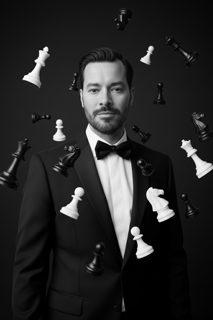 A confident man in a black tuxedo with a bow tie, surrounded by floating chess pieces in a minimalist studio.
