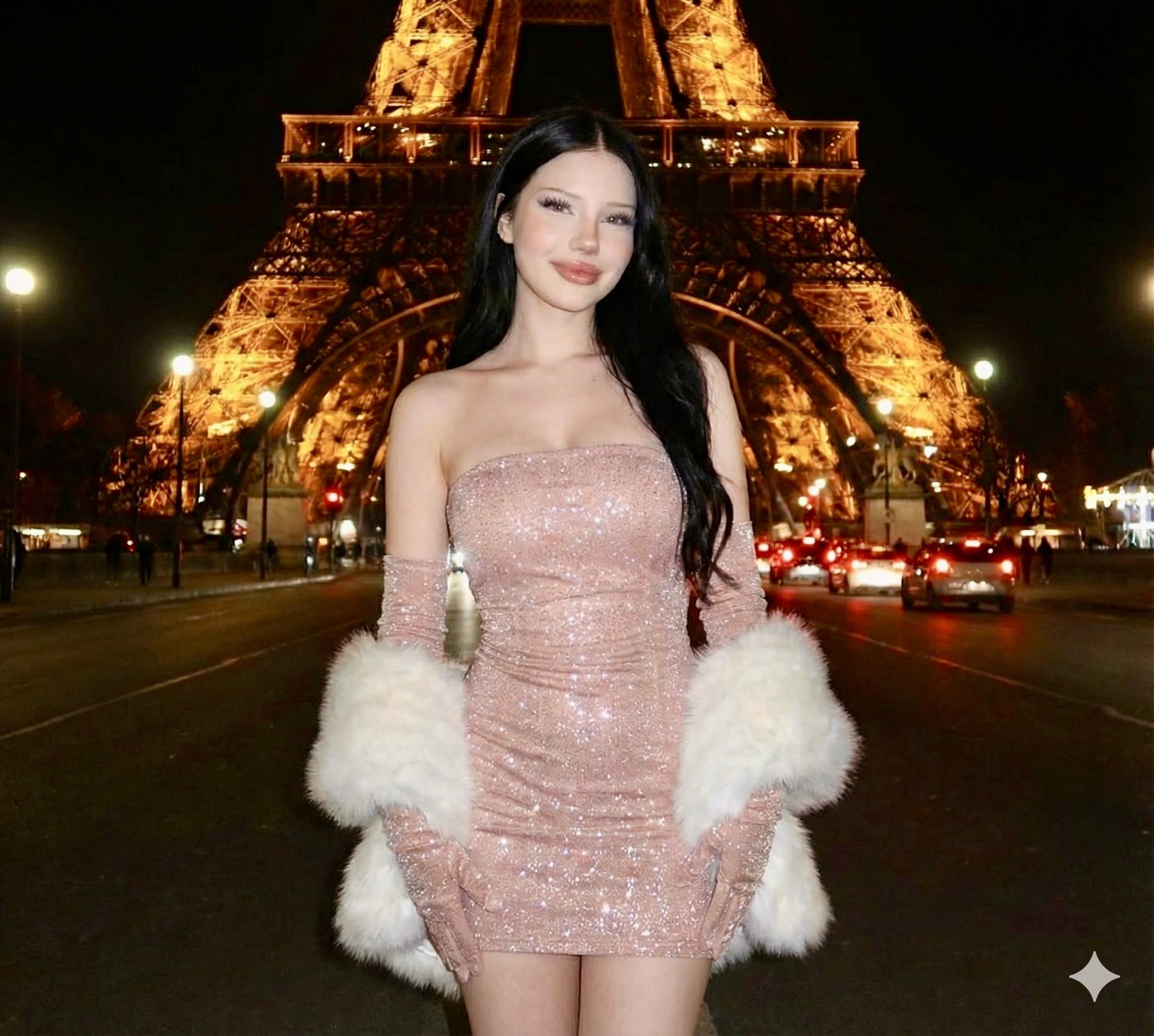 A woman in a blush pink sparkly mini dress with a white faux fur stole stands confidently under the Eiffel Tower at night.