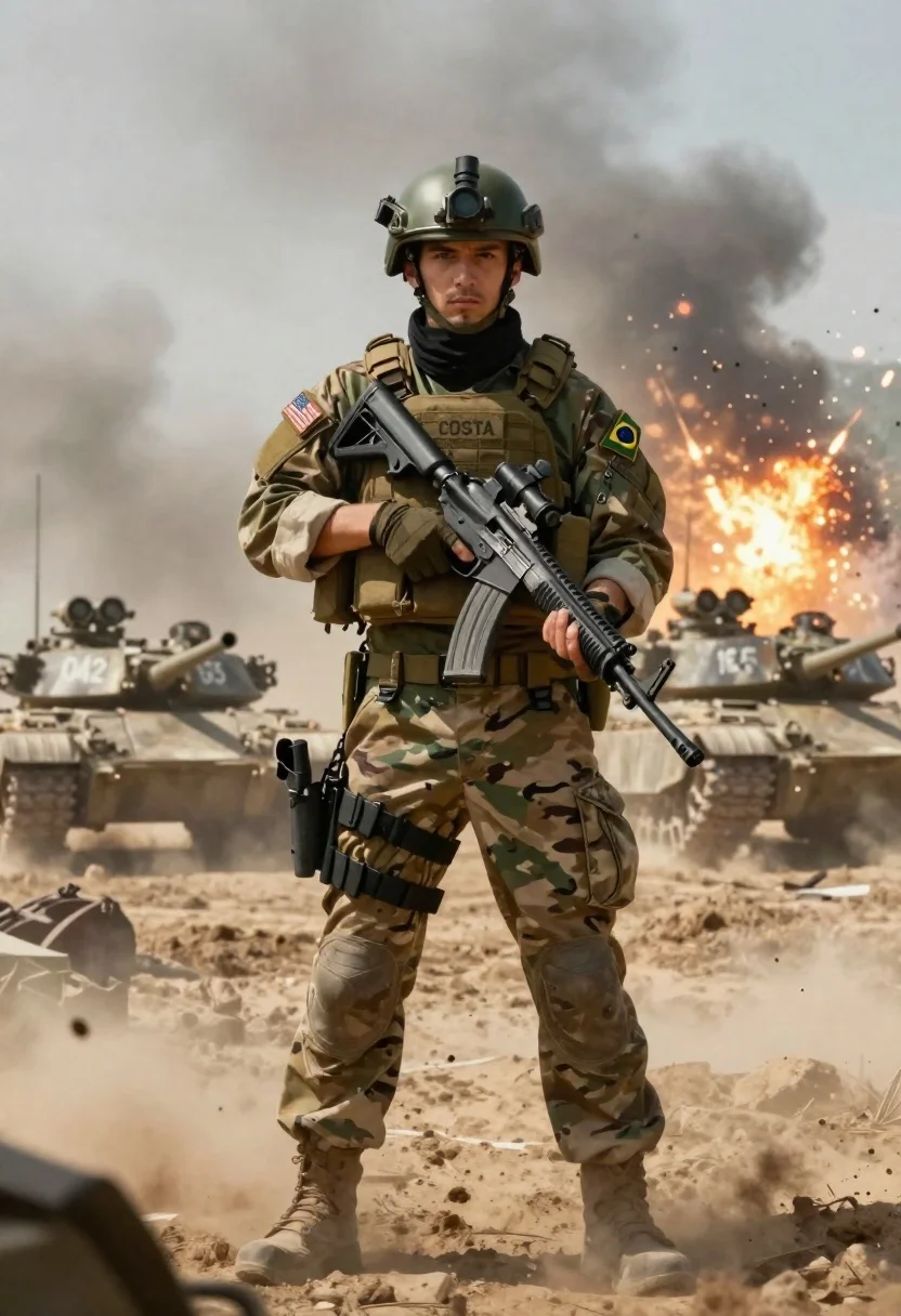 Photo Soldier Full Combat Gear Standing Resolutely With Tanks Charging reference photo