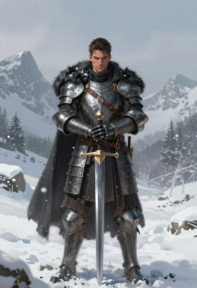 Digital Painting Stern Knight Standing Deep Snow Under Overcast Sky reference photo