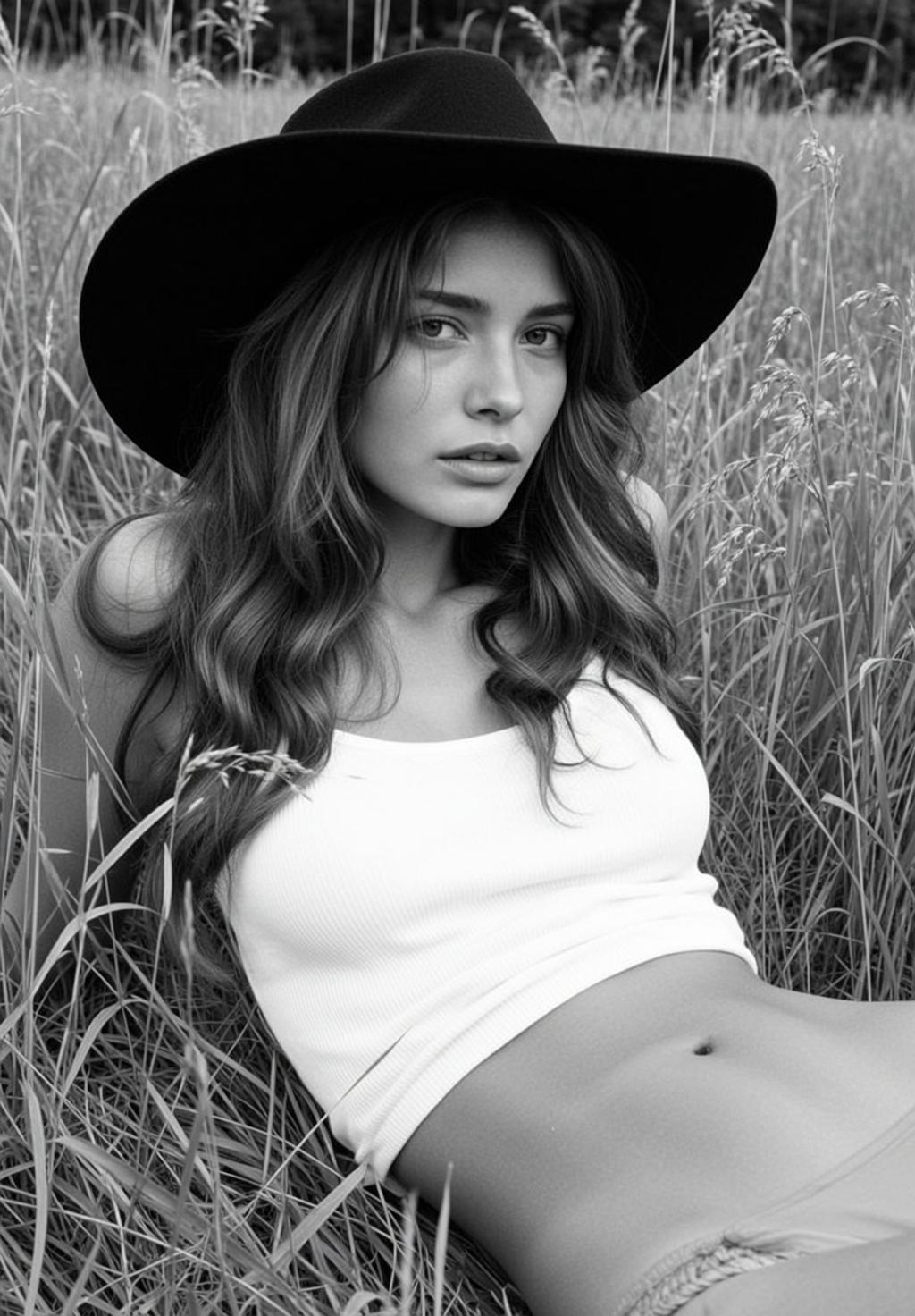 Black And White Medium Shot Portrait Young Woman With Long reference photo