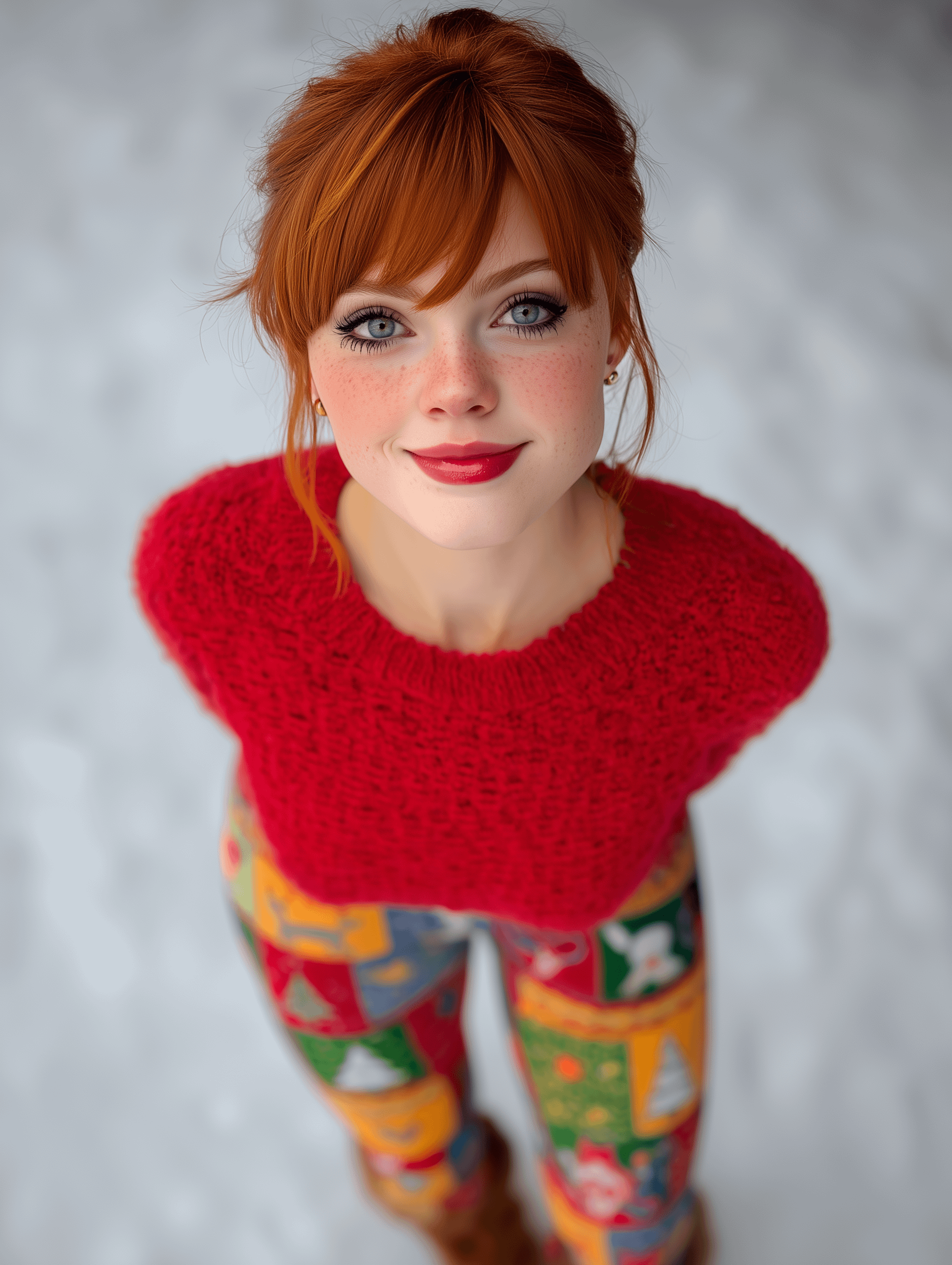 Red Hair Knit Sweater Geometric Leggings High Angle