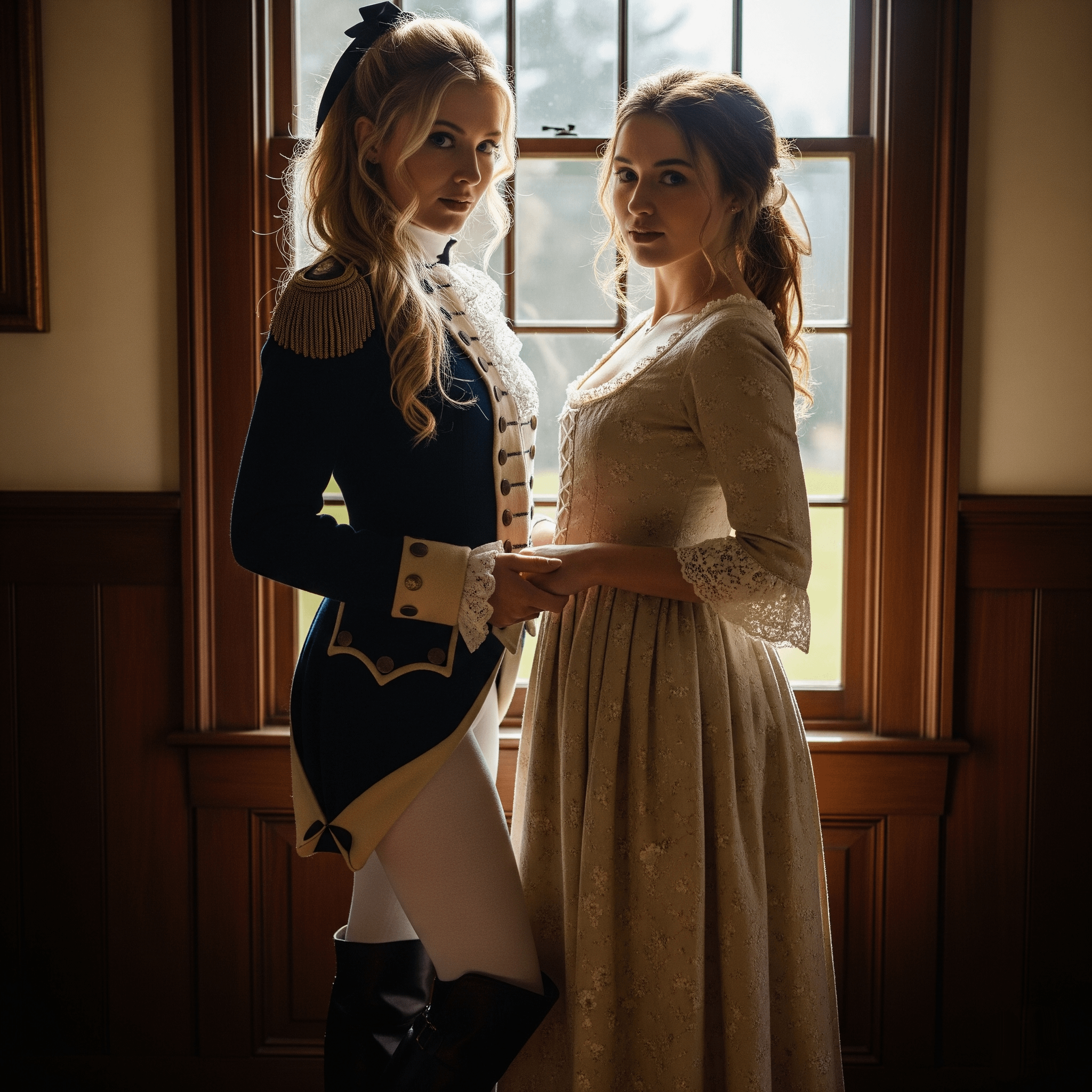 Two Women Holding Hands By Window Soft Light
