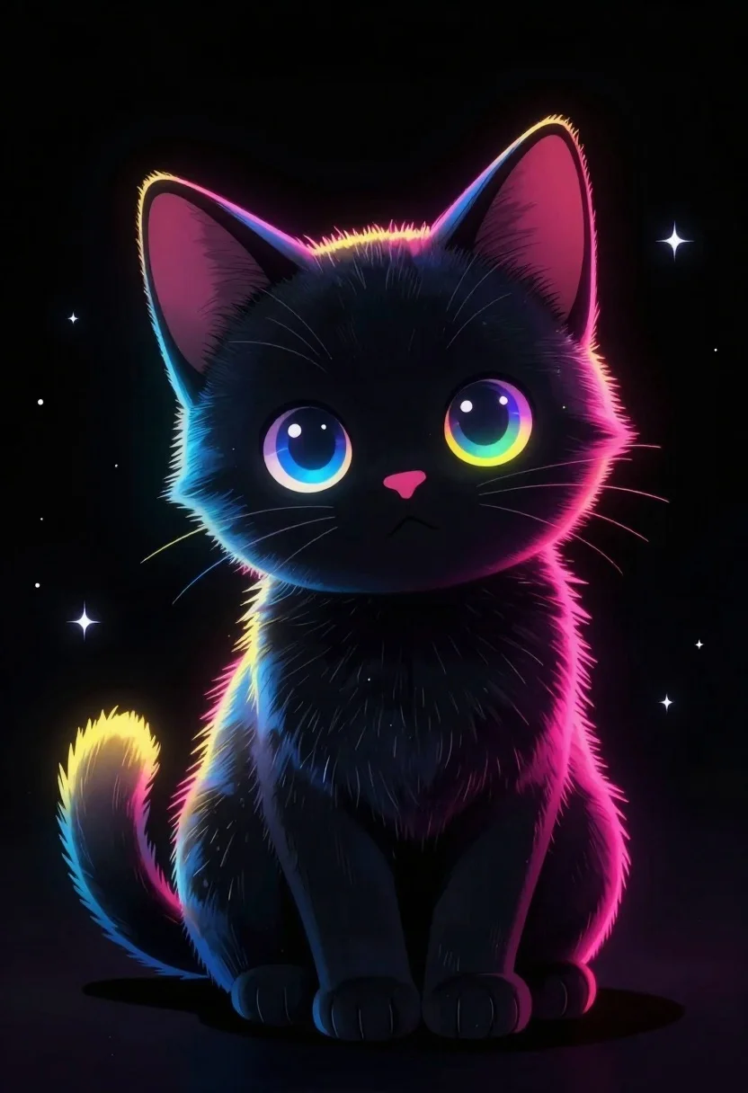 Digital Art Illustration Small Black Kitten With Vibrant Neon Accents reference photo