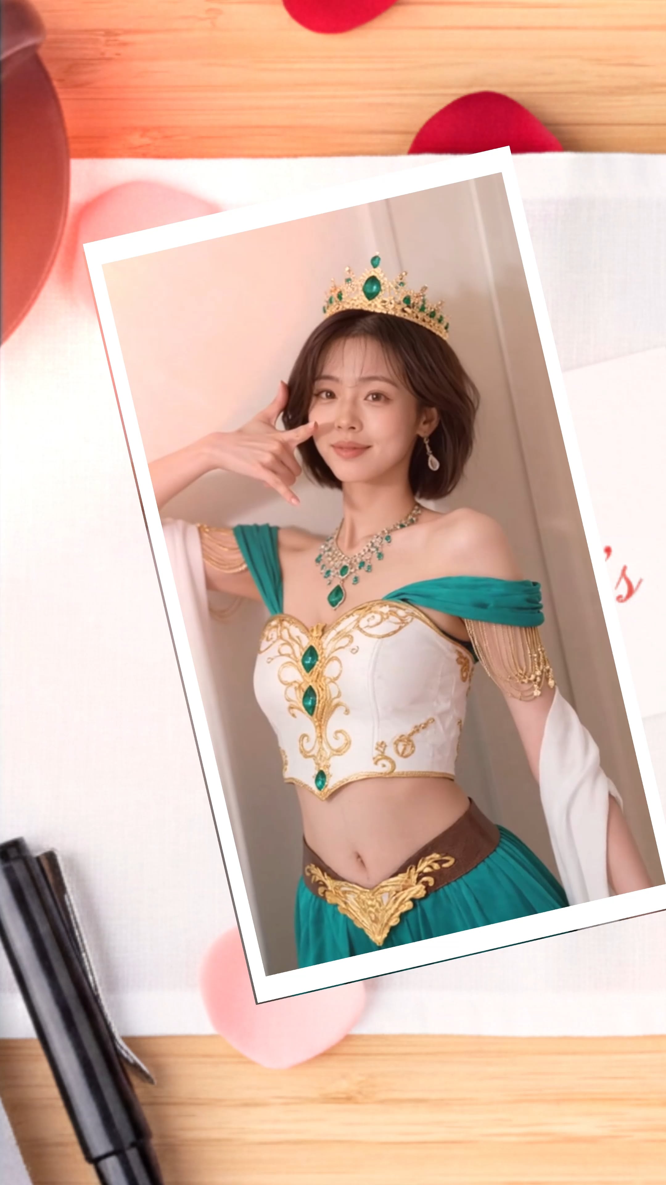 Fantasy Costume Woman Ornate Gold Emeralds Desk Photograph