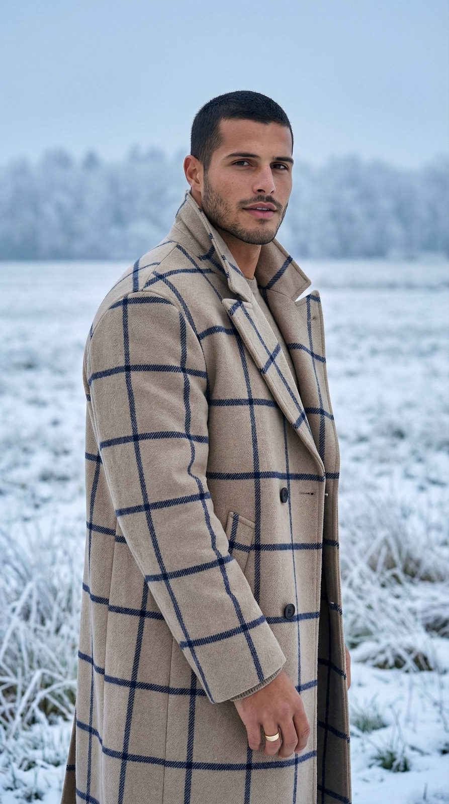 Ultra-detailed winter portrait of a person in a beige wool coat standing in a snowy field, calm expression with soft shadows.