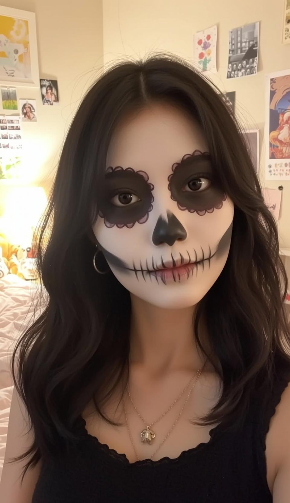 Halloween Makeup Sugar Skull Long Dark Wavy