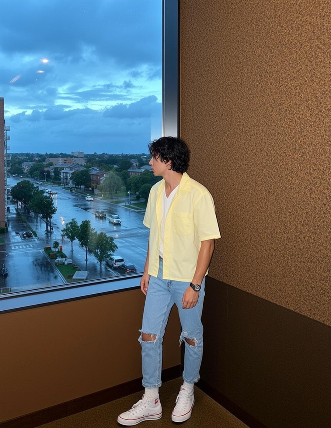 Young Dark Curly Fair Yellow Short-sleeved Button-up