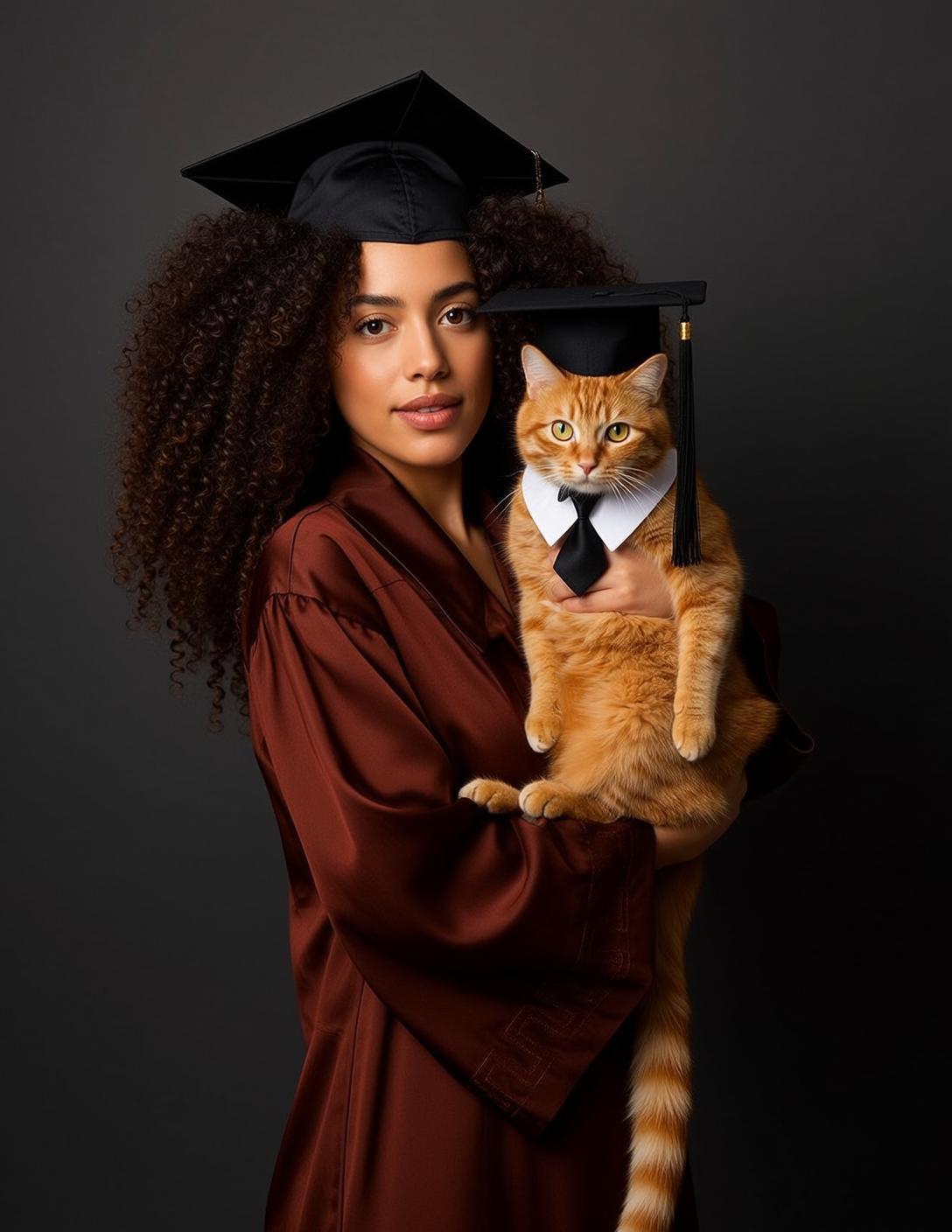 Explore Stands Facing Holding Orange Cat Her